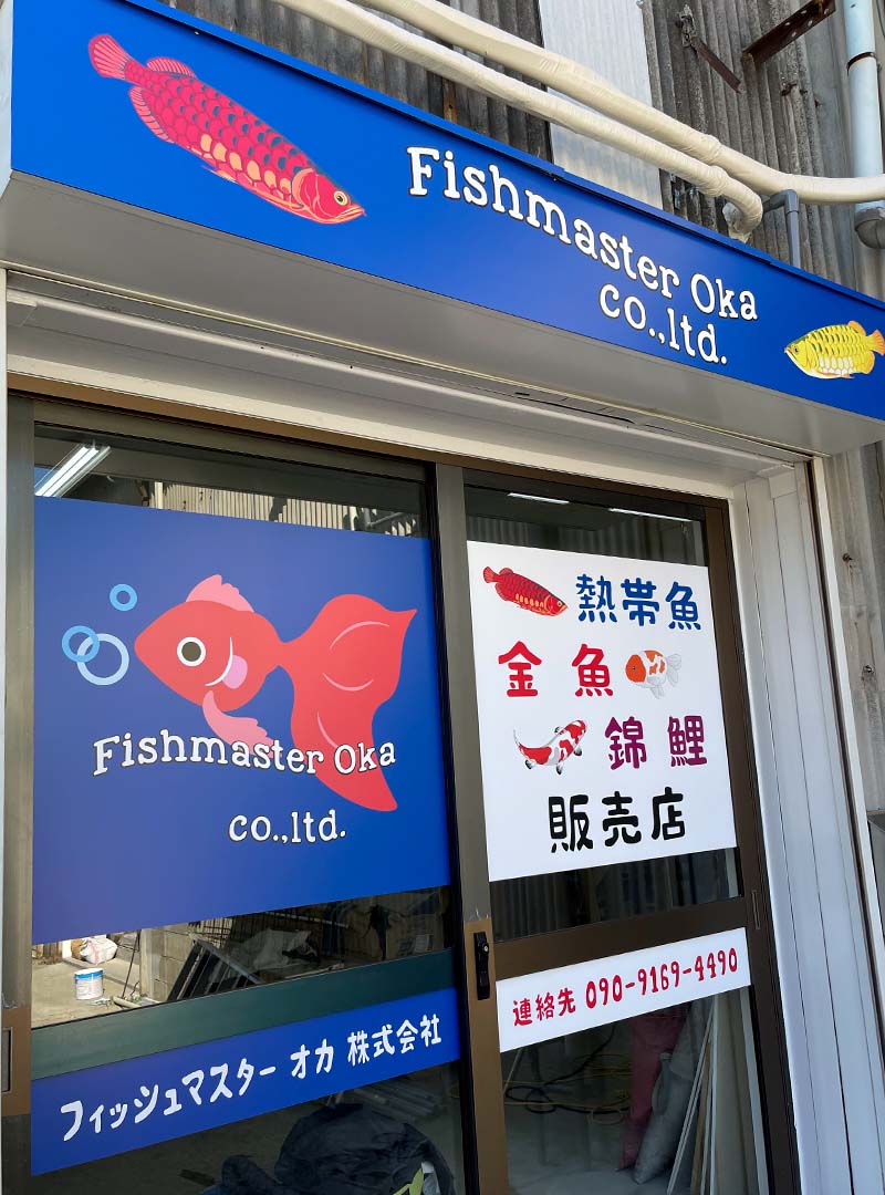 大阪市淀川区の熱帯魚・金魚・錦鯉販売店のシート貼り看板